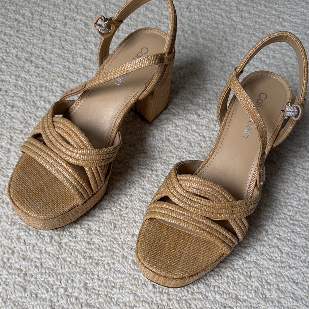 Calvin Klein Woven Tan Platform Slingback Heels